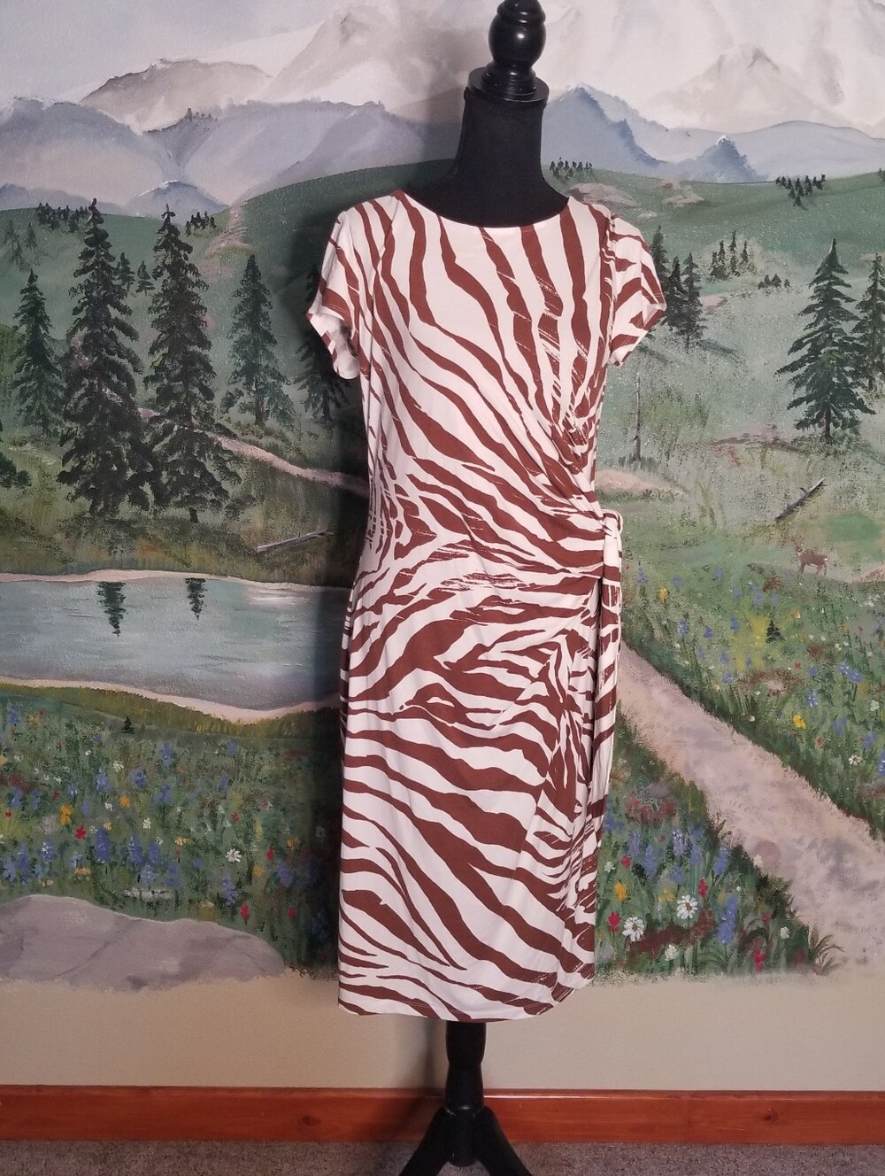 Lafayette 148 Brown Zebra Print Knit Column Dress Side Tie Cap Sleeve M